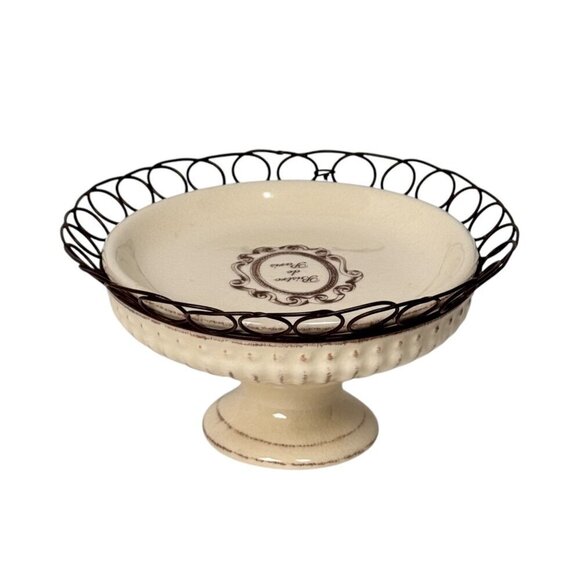 Vintage IMAX Serving Dish Cake Stand Cream Brown French Country Cottage Ceramic - Picture 1 of 10